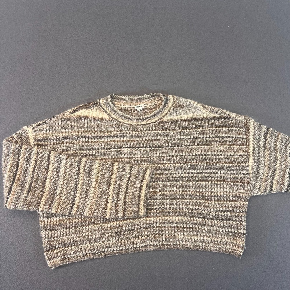 Garage‎ Women's Cropped Sweater Sz Medium Striped Pullover Knit Beige Heather